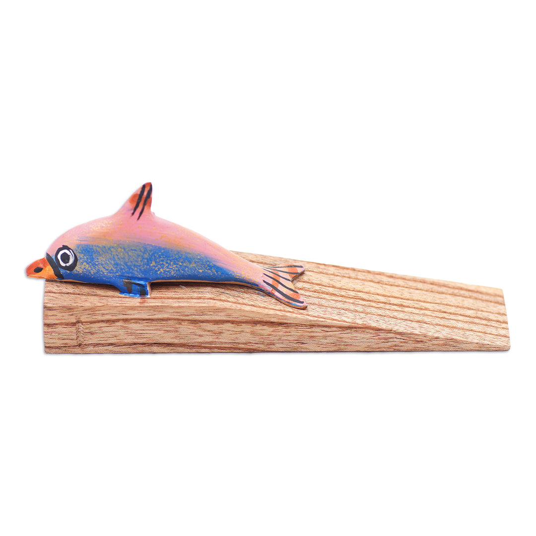 Hand-Carved and Hand-Painted Dolphin Wood Door Stopper - Delightful Dolphin