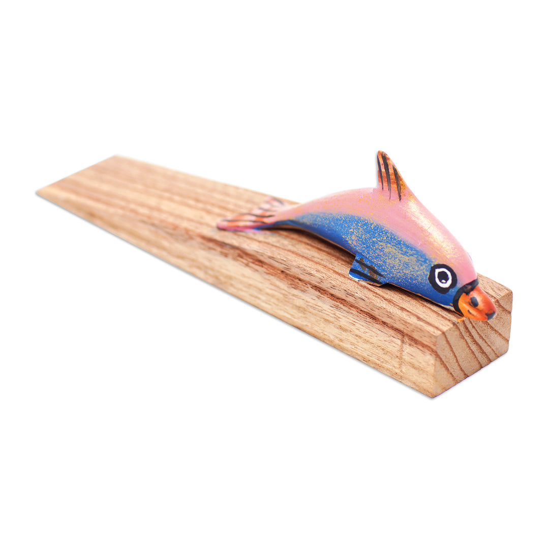 Hand-Carved and Hand-Painted Dolphin Wood Door Stopper - Delightful Dolphin