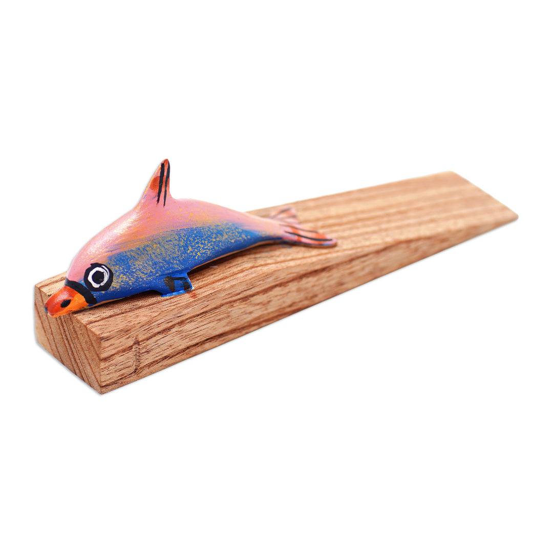 Hand-Carved and Hand-Painted Dolphin Wood Door Stopper - Delightful Dolphin