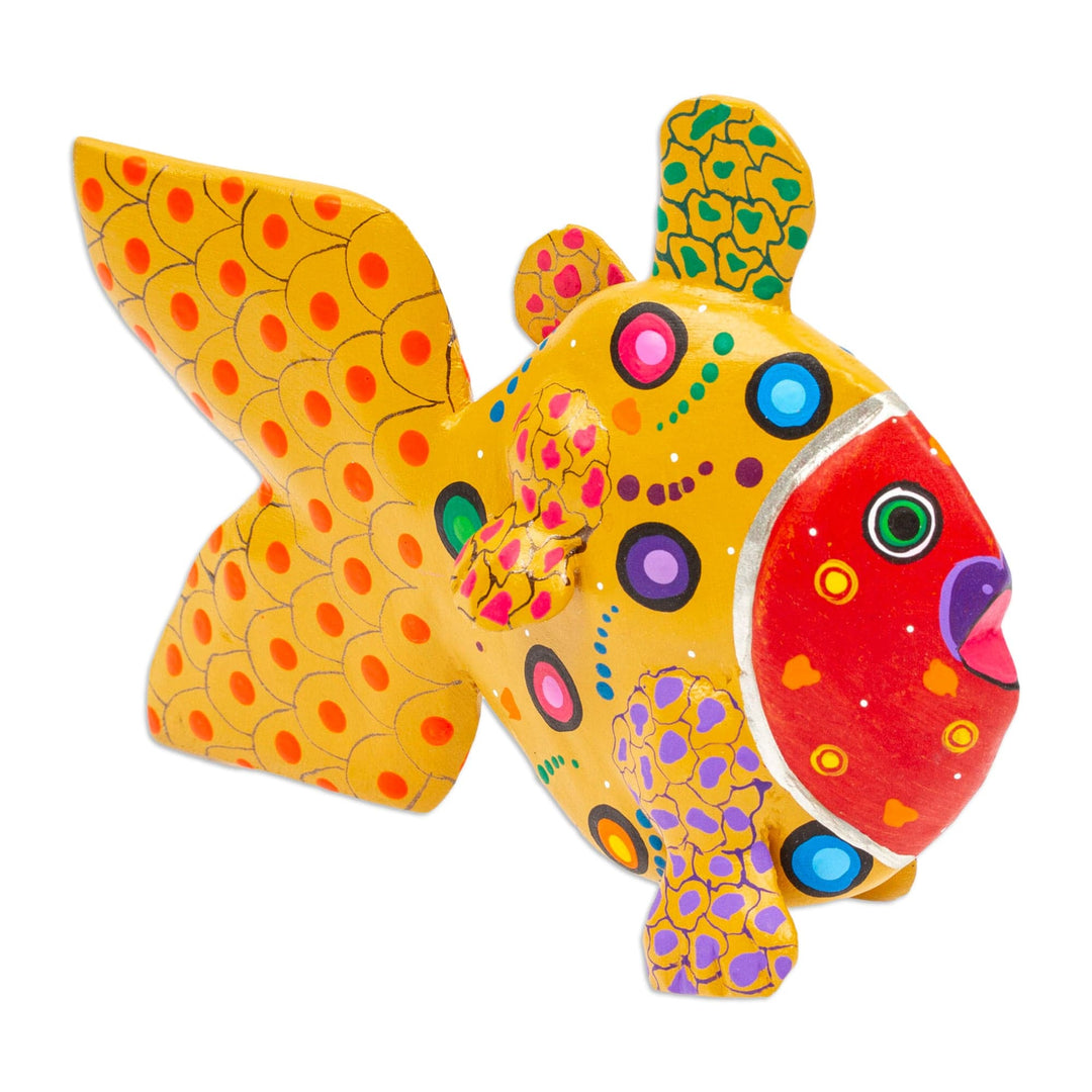 Hand-Painted Honey and Red Copal Wood Alebrije Fish Figurine - Mojarra's Honey Dream
