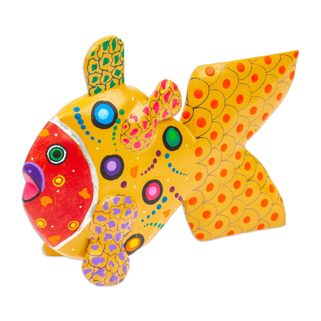 Hand-Painted Honey and Red Copal Wood Alebrije Fish Figurine - Mojarra's Honey Dream