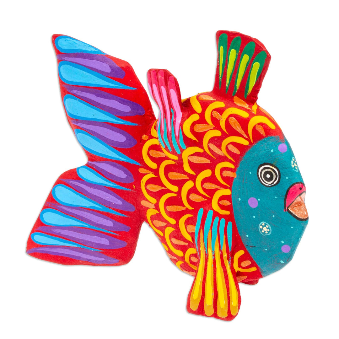 Hand-Painted Red and Teal Copal Wood Alebrije Fish Figurine - Mojarra's Strawberry Dream