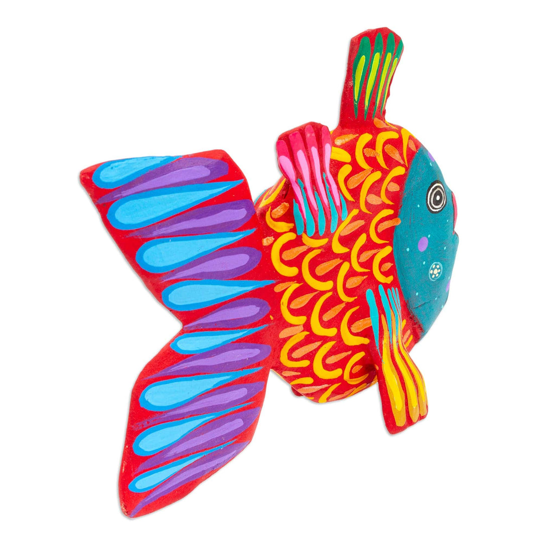 Hand-Painted Red and Teal Copal Wood Alebrije Fish Figurine - Mojarra's Strawberry Dream