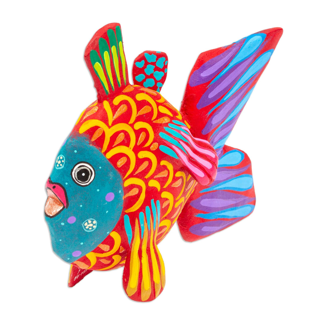 Hand-Painted Red and Teal Copal Wood Alebrije Fish Figurine - Mojarra's Strawberry Dream