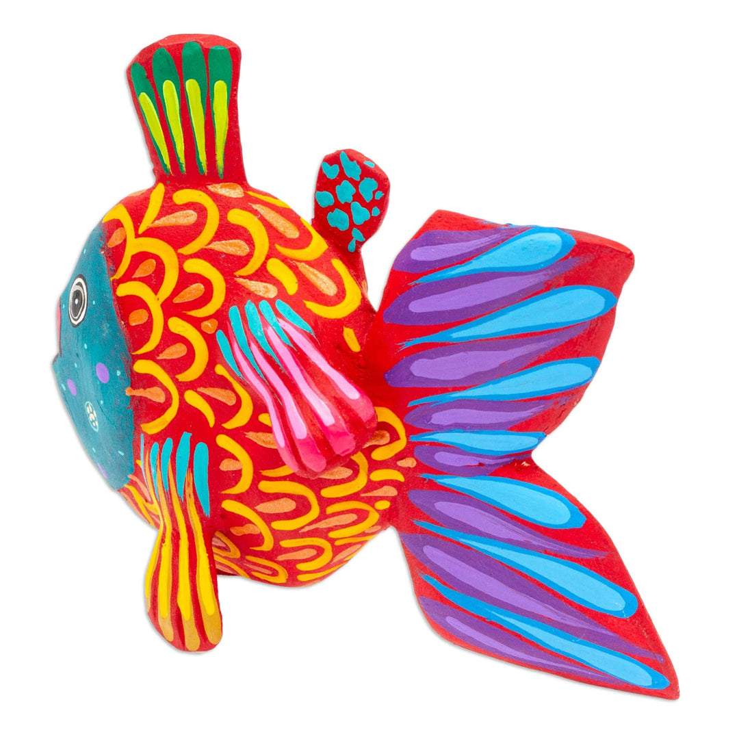 Hand-Painted Red and Teal Copal Wood Alebrije Fish Figurine - Mojarra's Strawberry Dream