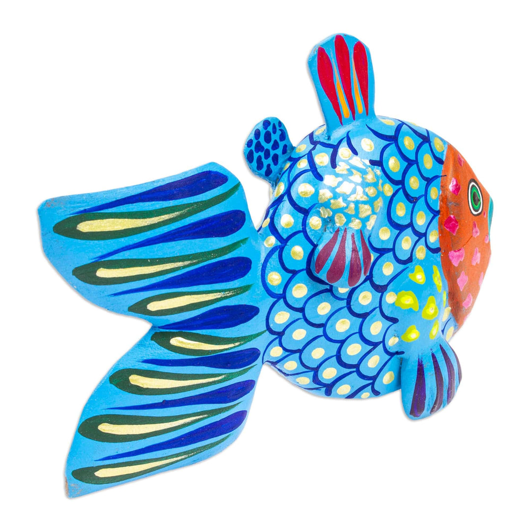 Painted Azure and Orange Copal Wood Alebrije Fish Figurine