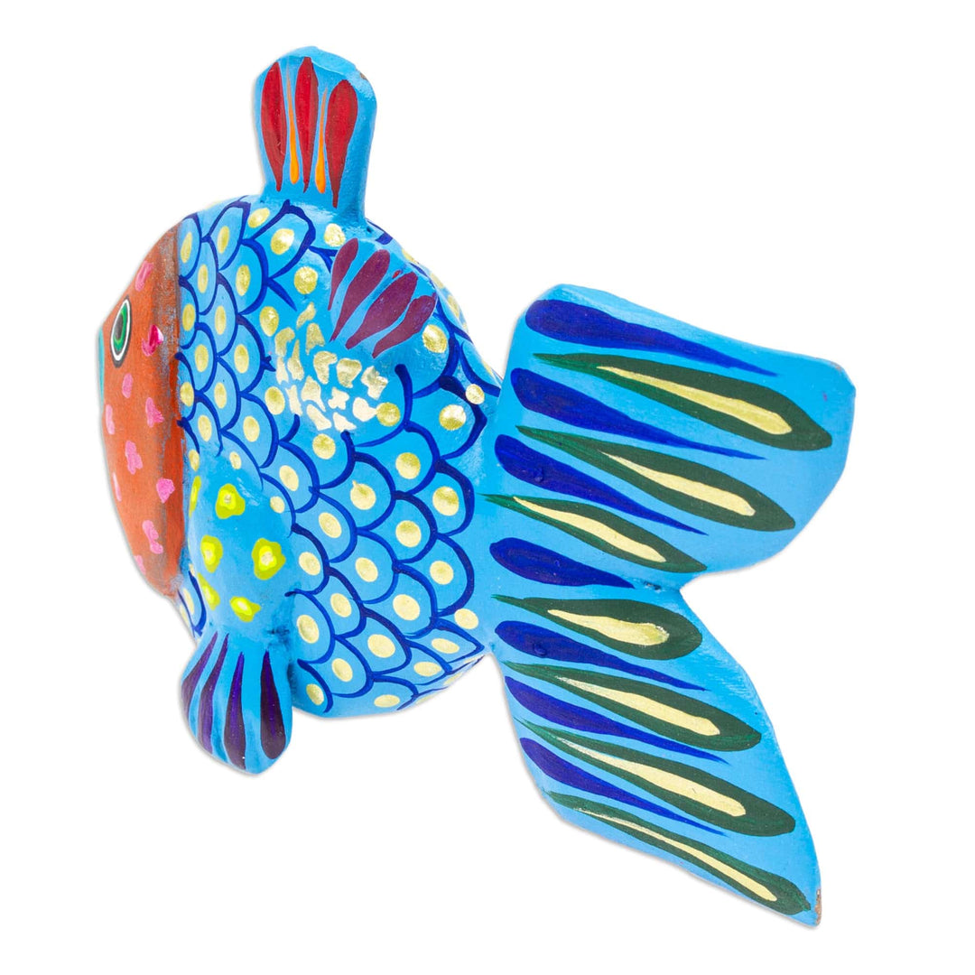 Painted Azure and Orange Copal Wood Alebrije Fish Figurine - Mojarra's Azure Dream