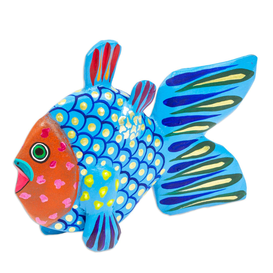 Painted Azure and Orange Copal Wood Alebrije Fish Figurine