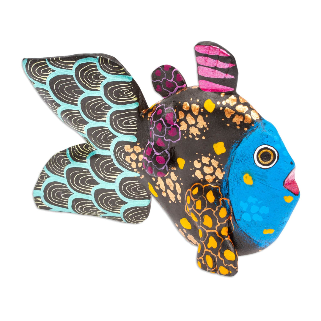 Painted Black and Golden Copal Wood Alebrije Fish Figurine - Mojarra's Night Dream