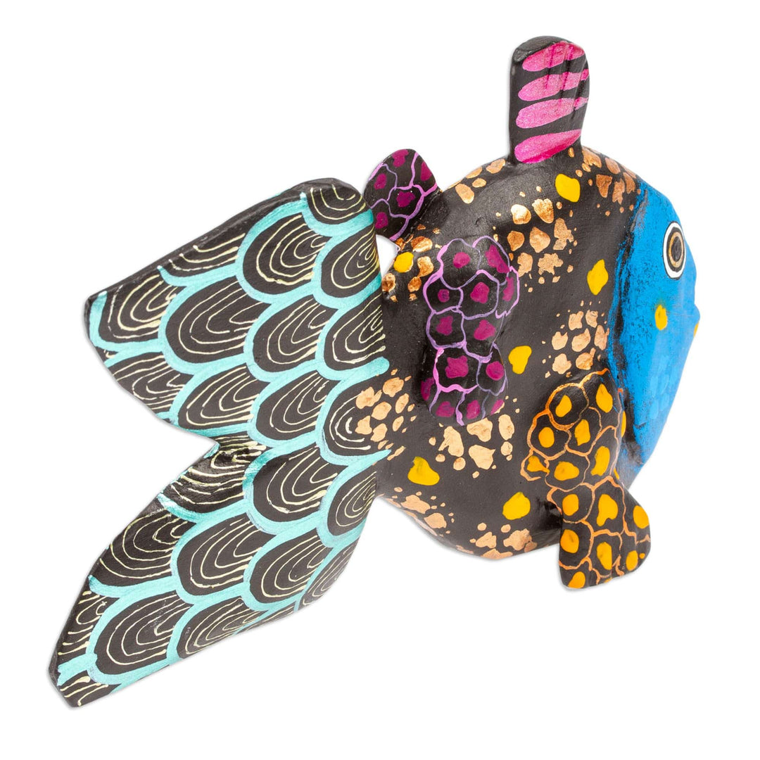 Painted Black and Golden Copal Wood Alebrije Fish Figurine - Mojarra's Night Dream