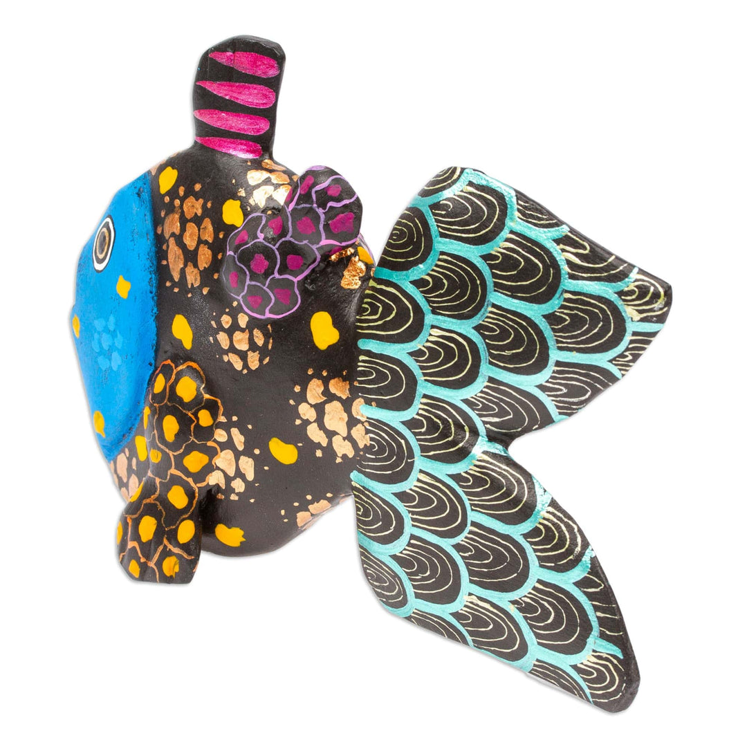 Painted Black and Golden Copal Wood Alebrije Fish Figurine - Mojarra's Night Dream