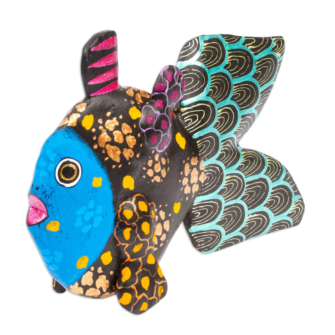 Painted Black and Golden Copal Wood Alebrije Fish Figurine - Mojarra's Night Dream