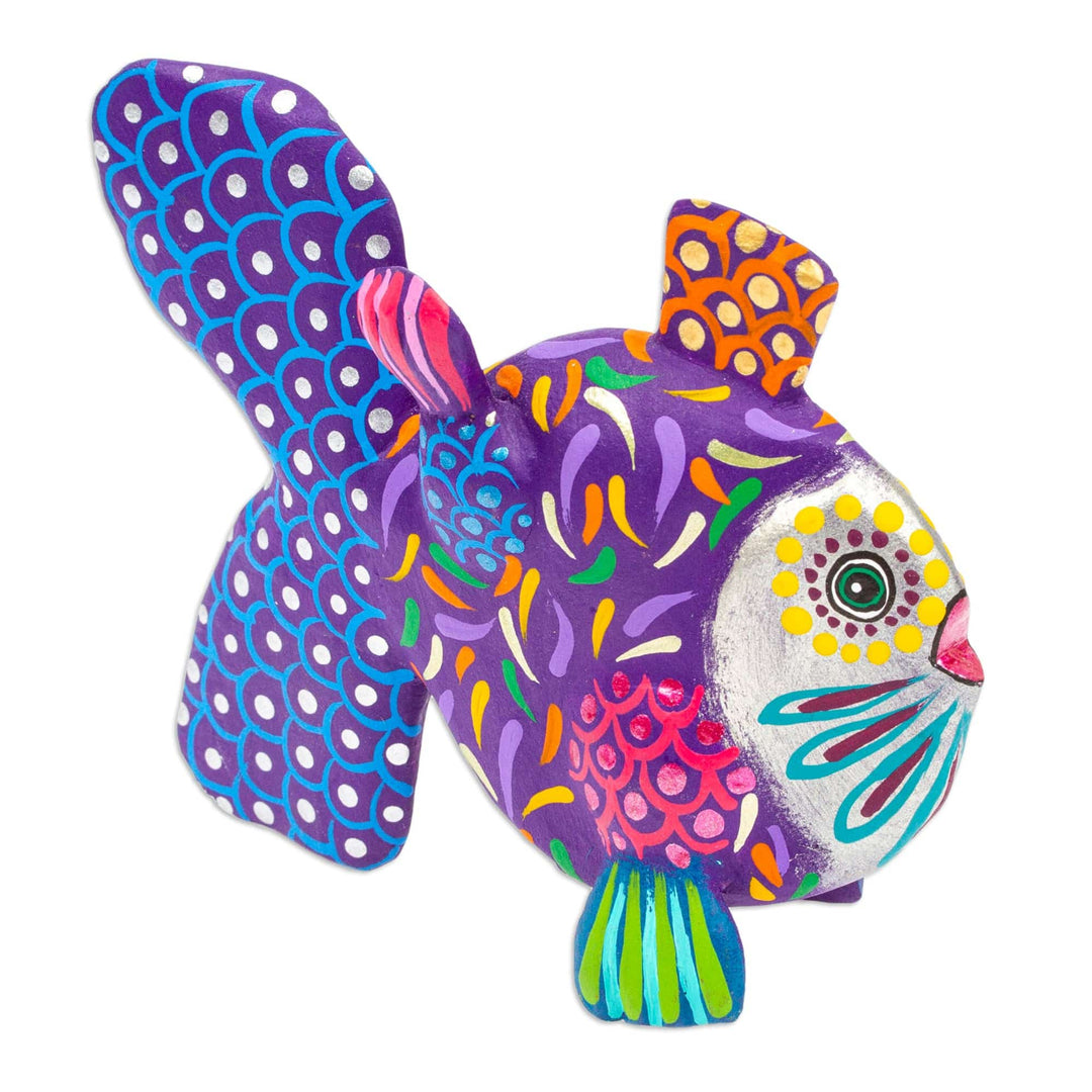 Hand-Painted Blue-Violet Copal Wood Alebrije Fish Figurine - Mojarra's Blue-Violet Dream