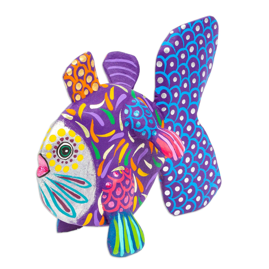 Hand-Painted Blue-Violet Copal Wood Alebrije Fish Figurine - Mojarra's Blue-Violet Dream