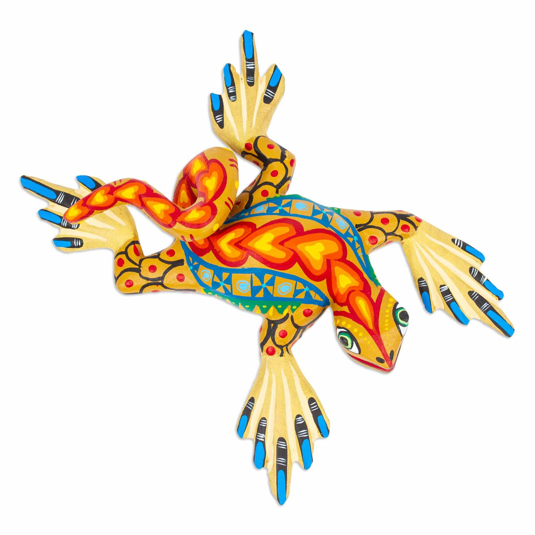 Hand-Painted Honey Copal Wood Alebrije Iguana Figurine - Iguana Steps in Honey