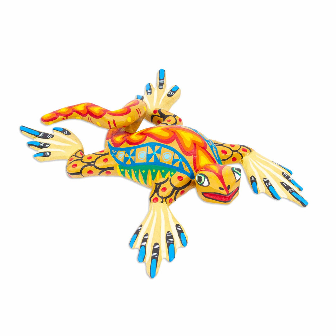 Hand-Painted Honey Copal Wood Alebrije Iguana Figurine - Iguana Steps in Honey