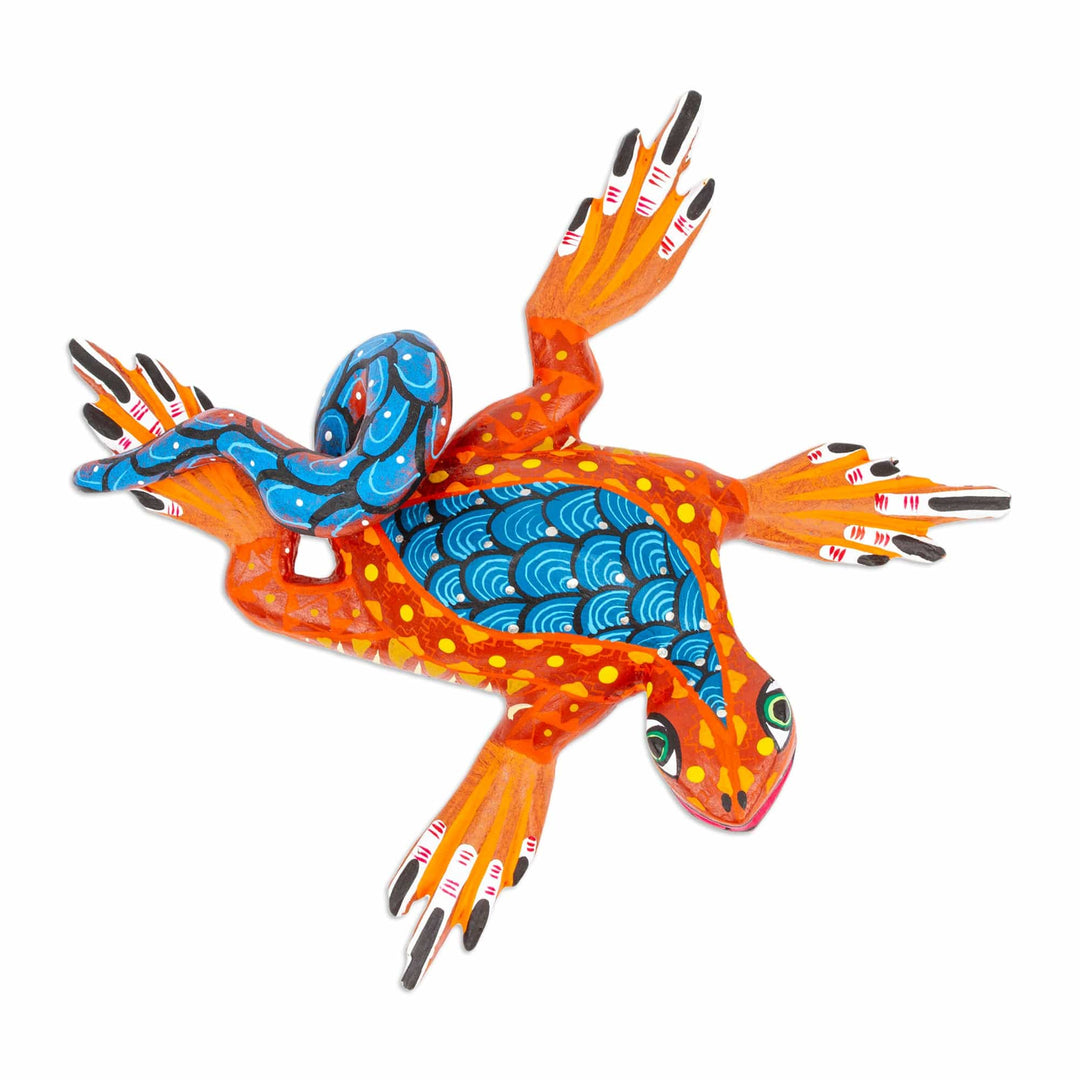 Hand-Painted Orange Copal Wood Alebrije Iguana Figurine - Iguana Steps in Orange