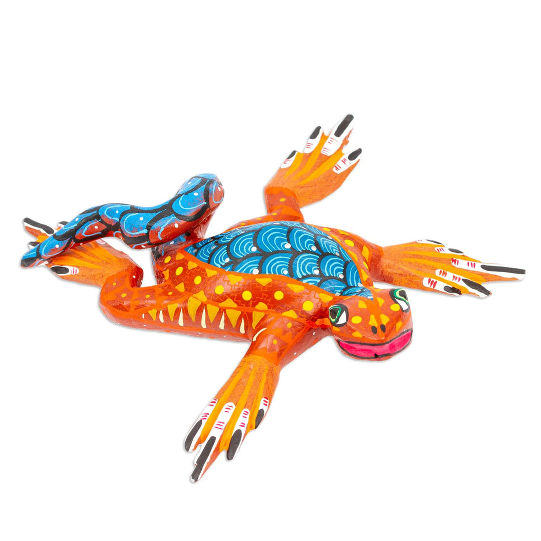 Hand-Painted Orange Copal Wood Alebrije Iguana Figurine - Iguana Steps in Orange