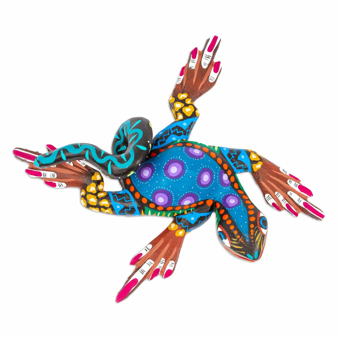 Hand-Painted Cyan Copal Wood Alebrije Iguana Figurine - Iguana Steps in Cyan
