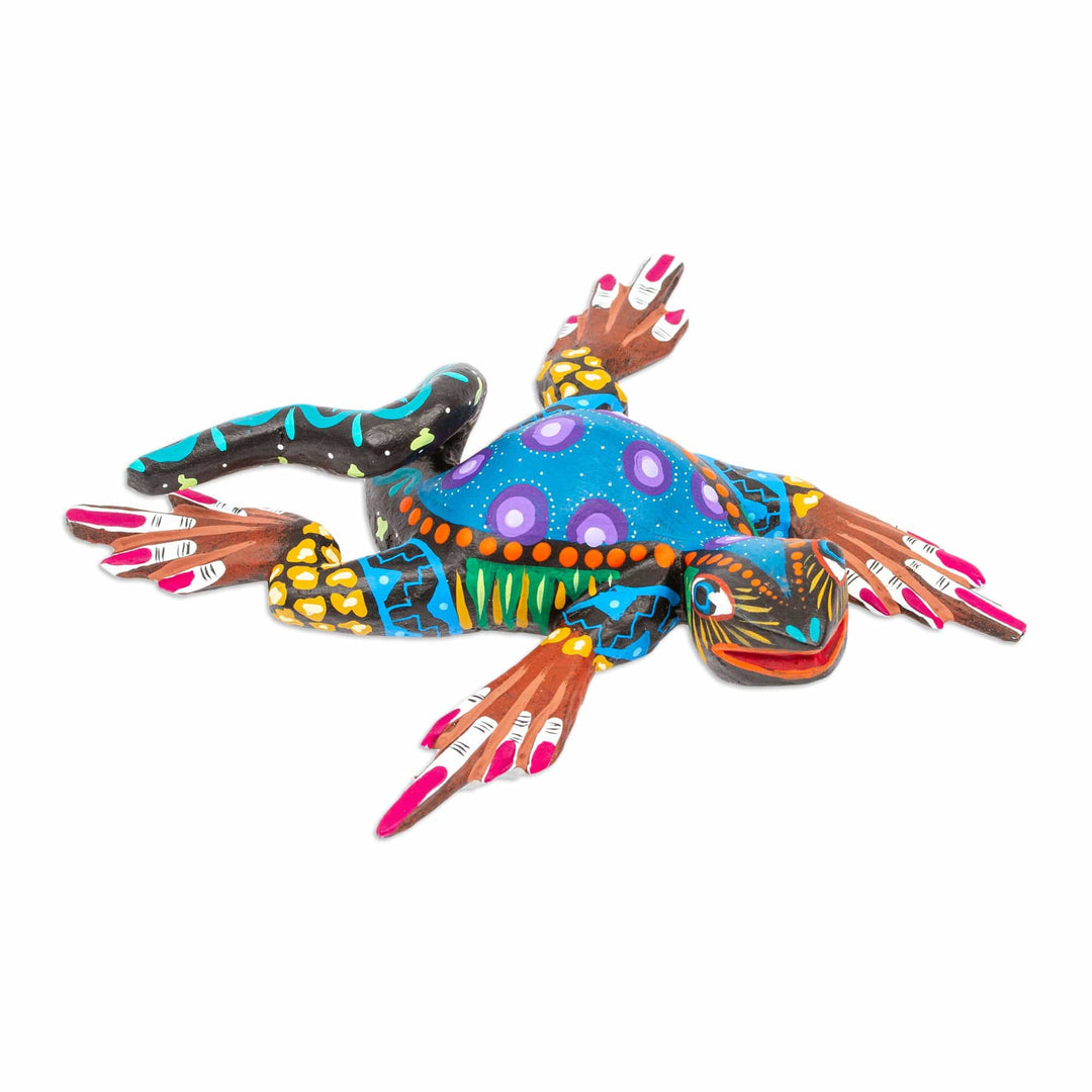 Hand-Painted Cyan Copal Wood Alebrije Iguana Figurine - Iguana Steps in Cyan