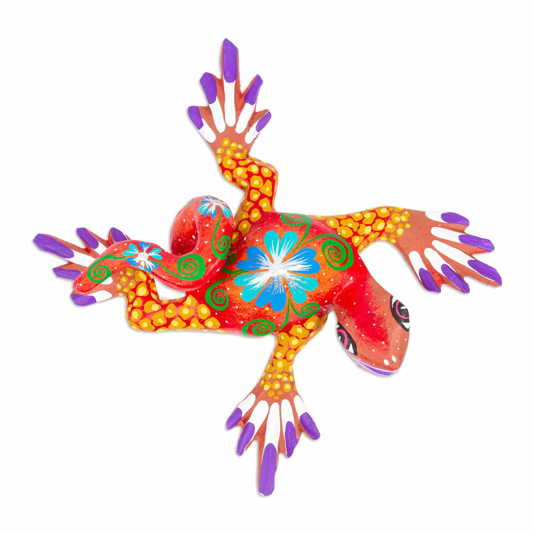 Hand-Painted Colorful Copal Wood Alebrije Iguana Figurine - Iguana Steps in Spring