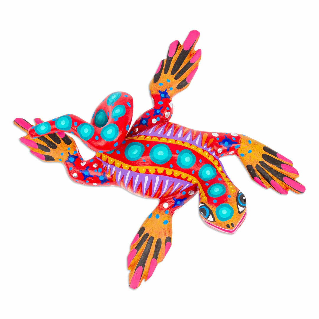 Hand-Painted Strawberry Copal Wood Alebrije Iguana Figurine - Iguana Steps in Strawberry
