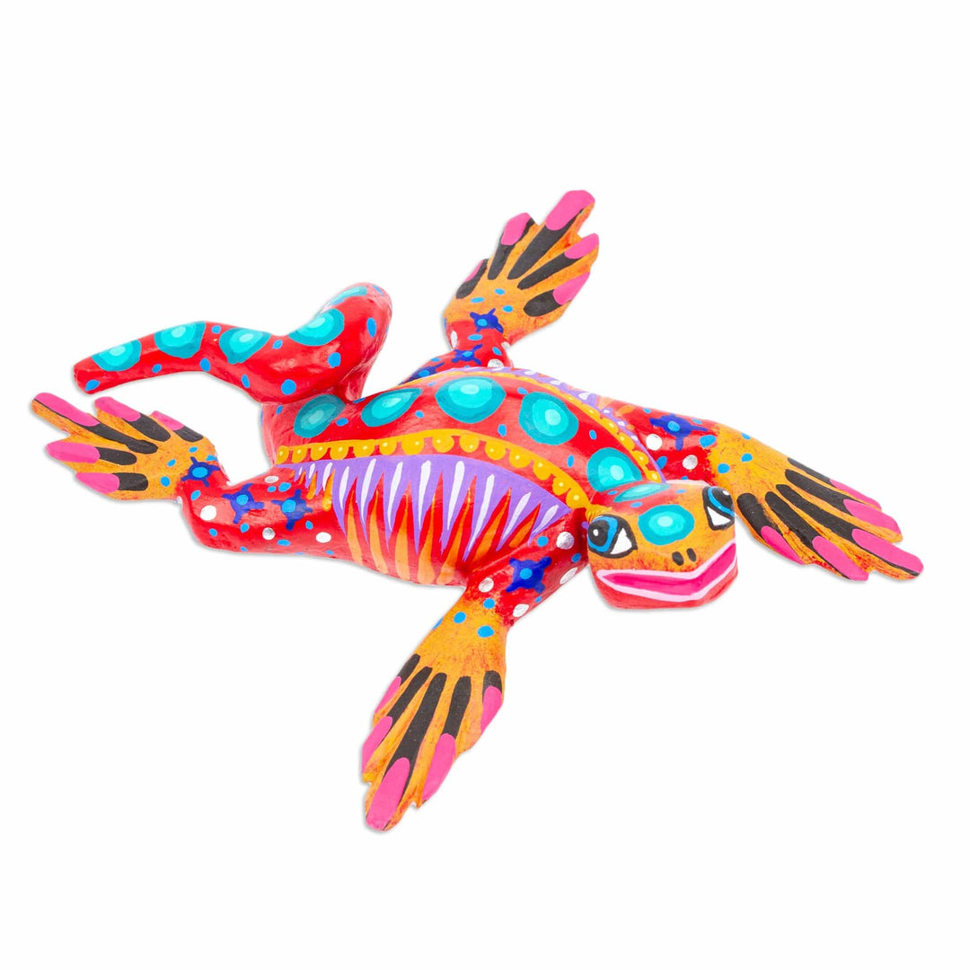 Hand-Painted Strawberry Copal Wood Alebrije Iguana Figurine - Iguana Steps in Strawberry