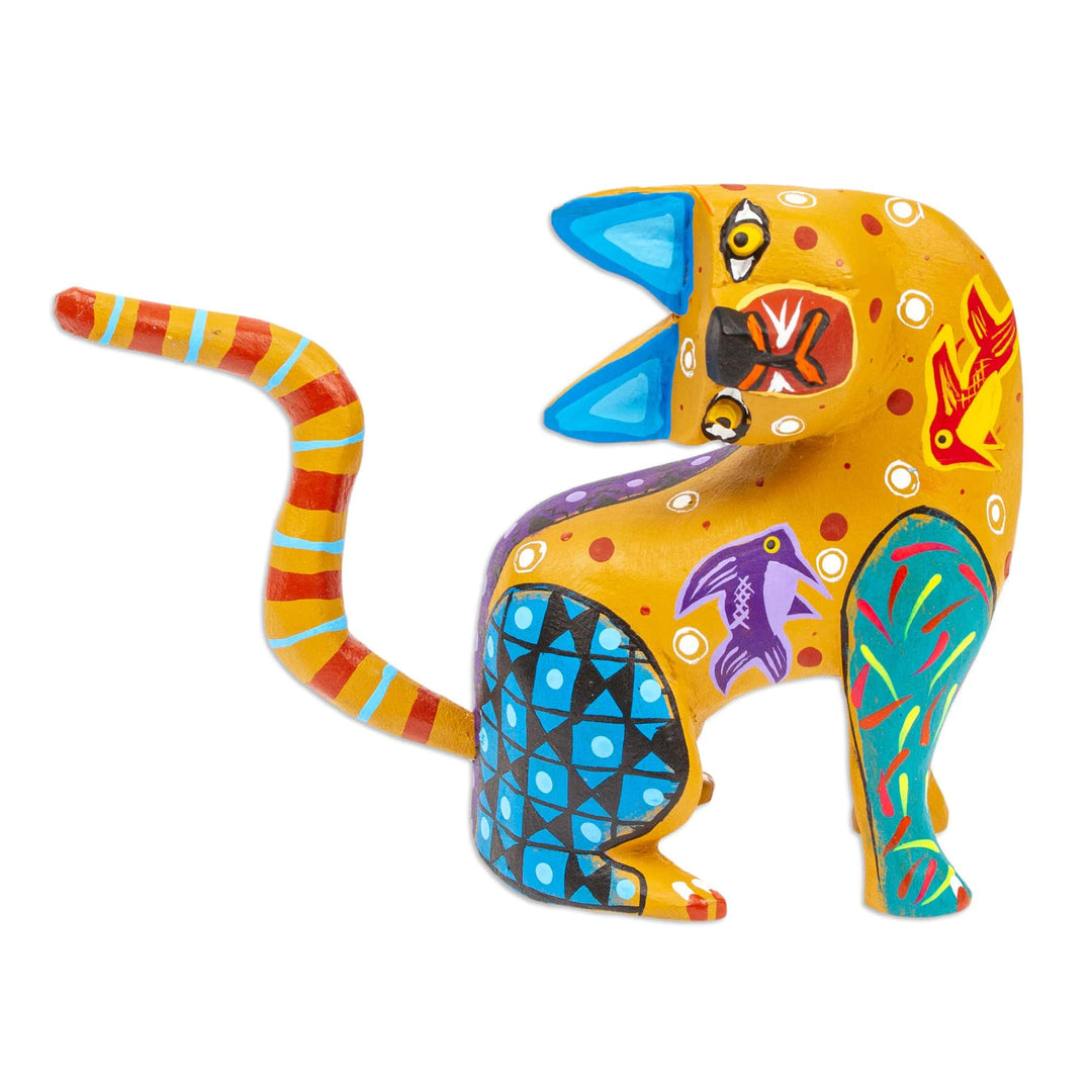 Hand-Painted Copal Wood Alebrije Cat Figurine in Amber - Amber Feline Questions