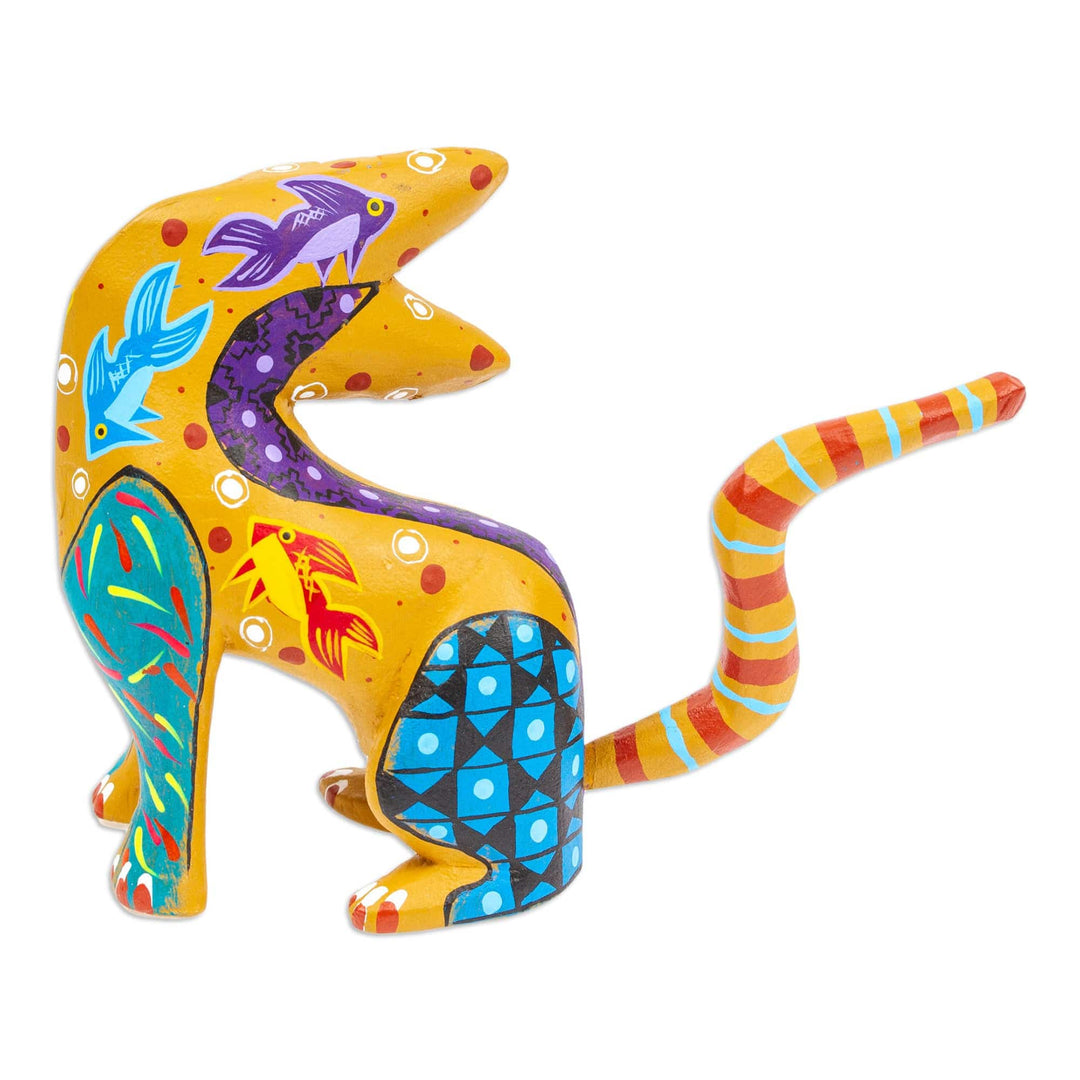 Hand-Painted Copal Wood Alebrije Cat Figurine in Amber - Amber Feline Questions