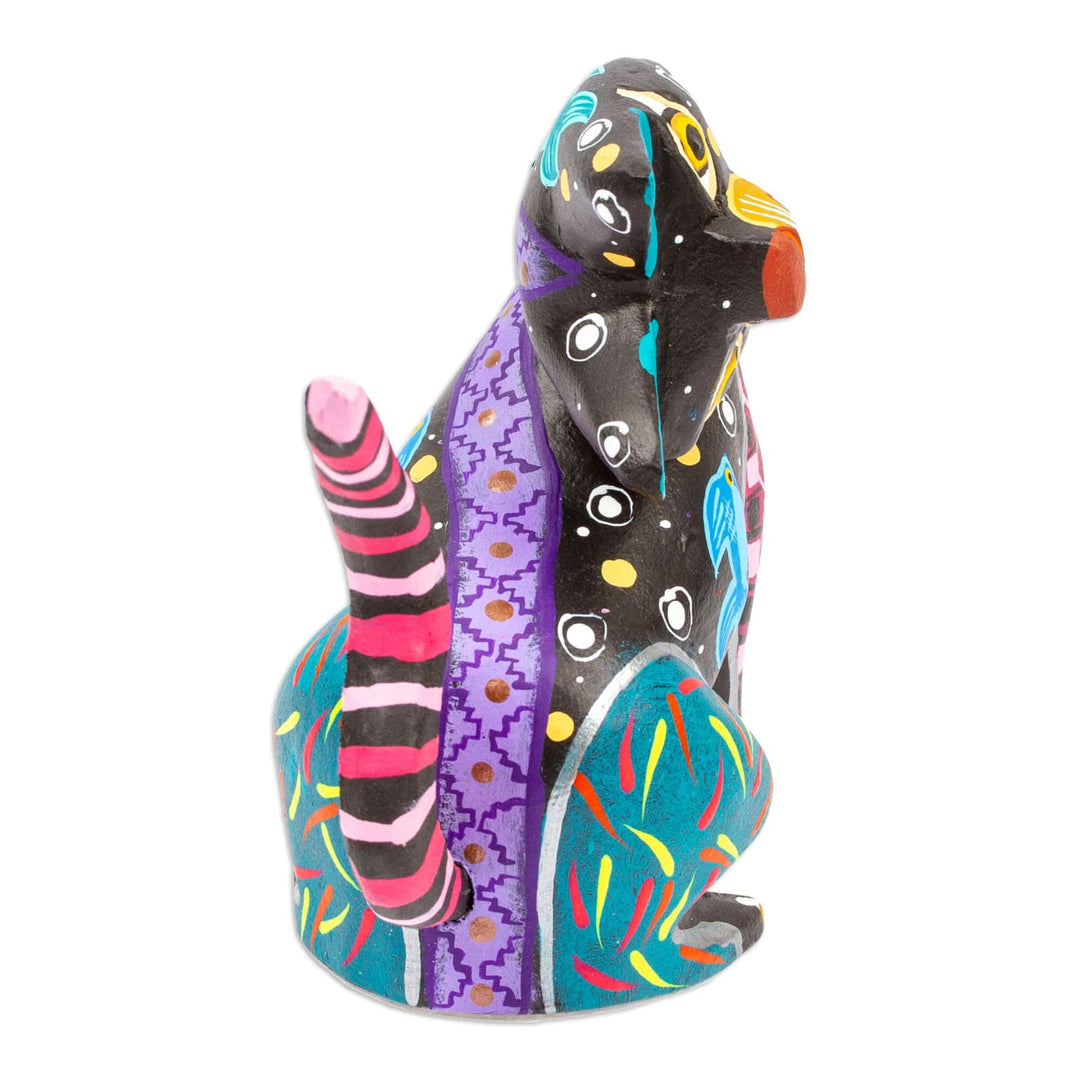 Hand-Painted Copal Wood Alebrije Cat Figurine in Black - Nocturnal Feline Questions