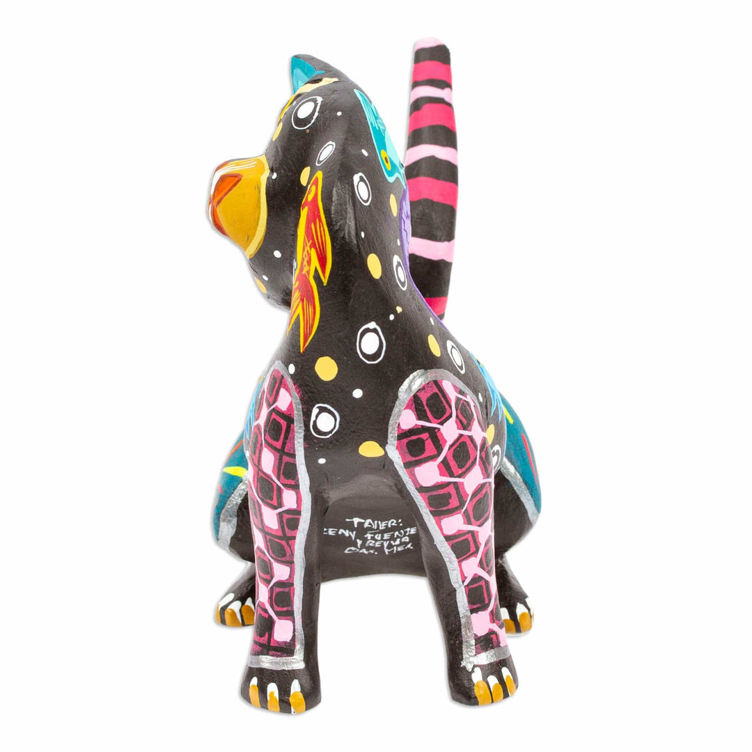 Hand-Painted Copal Wood Alebrije Cat Figurine in Black - Nocturnal Feline Questions