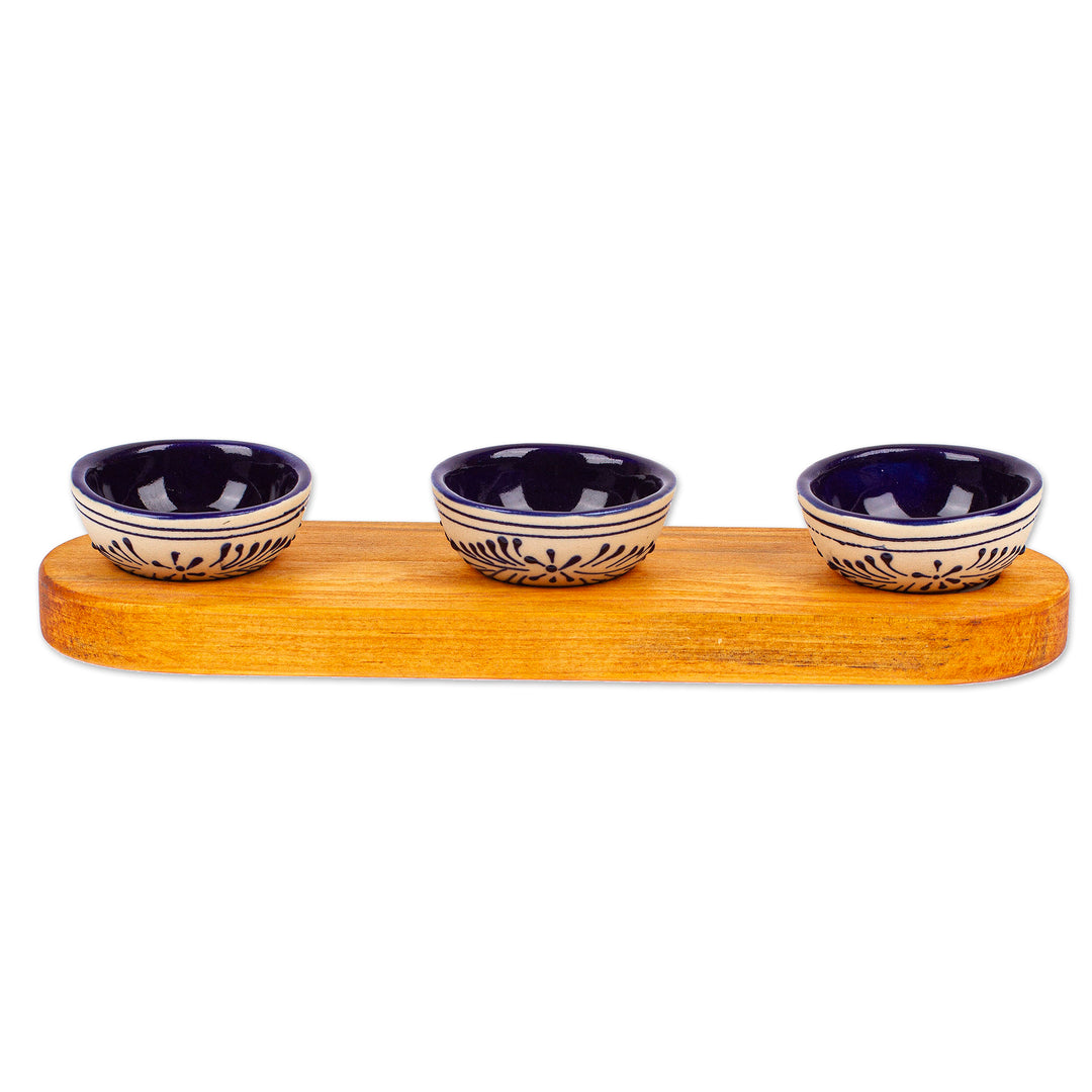 4-Piece Talavera Style Ceramic Condiment Set with Wood Tray - Talavera Seasoning