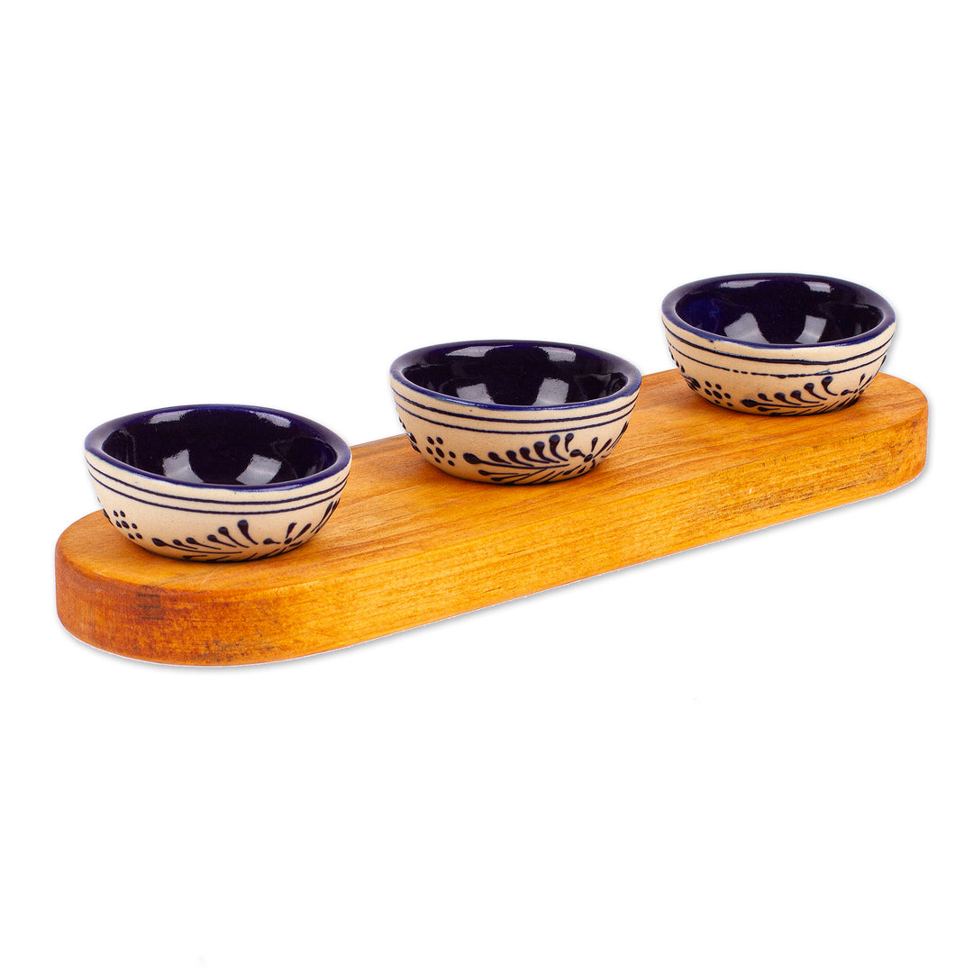 4-Piece Talavera Style Ceramic Condiment Set with Wood Tray - Talavera Seasoning