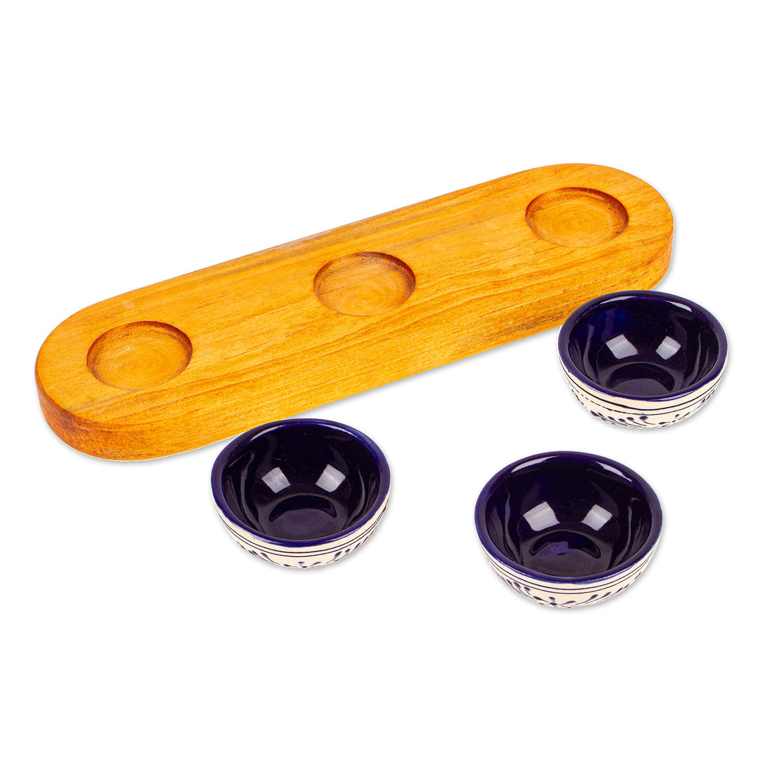 4-Piece Talavera Style Ceramic Condiment Set with Wood Tray - Talavera Seasoning