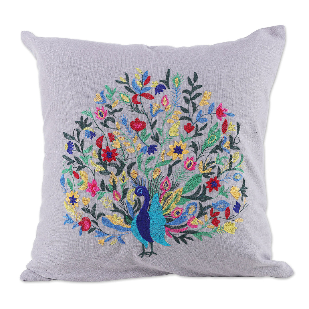 Rayon Embroidered Peacock Grey Cotton Cushion Covers (Pair) - Divine Peacock in Grey