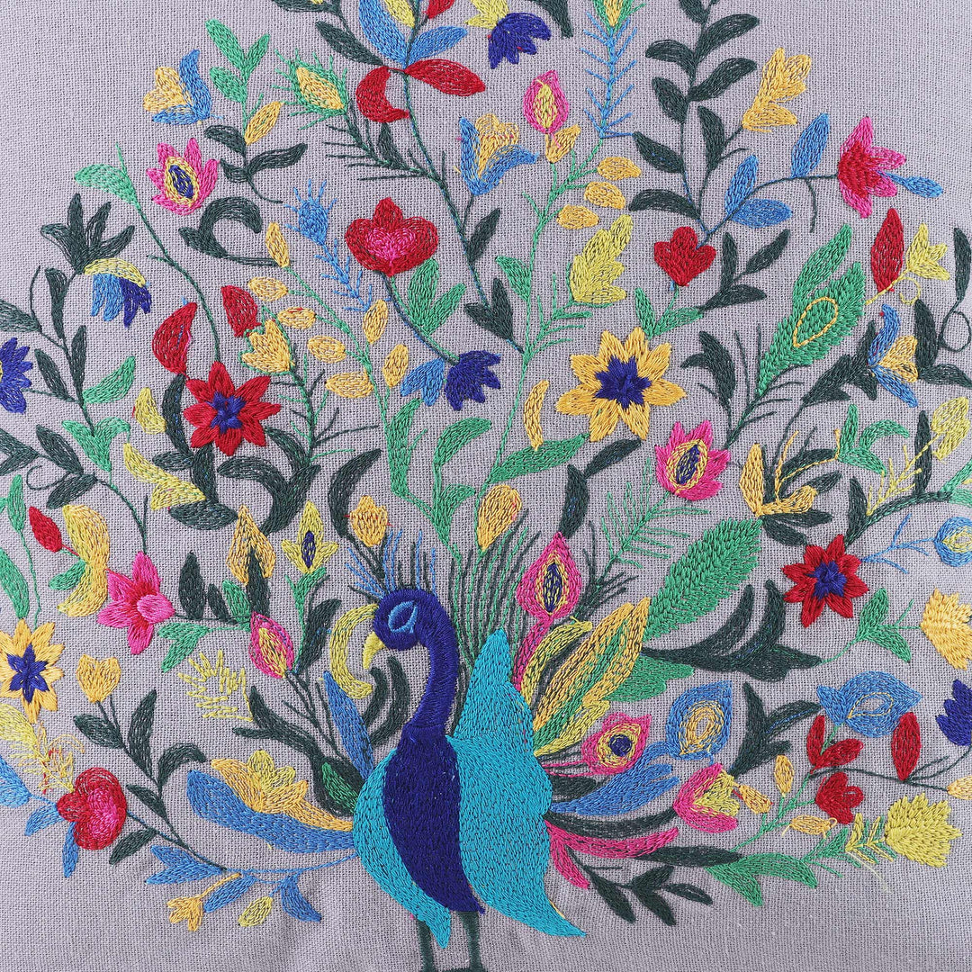 Rayon Embroidered Peacock Grey Cotton Cushion Covers (Pair) - Divine Peacock in Grey