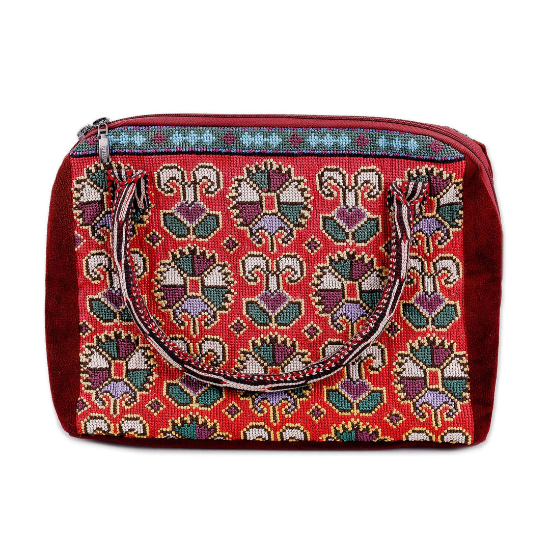 Floral Geometric Iroki Embroidered Red Cotton Handbag - Red Gardens of Shahrisabz