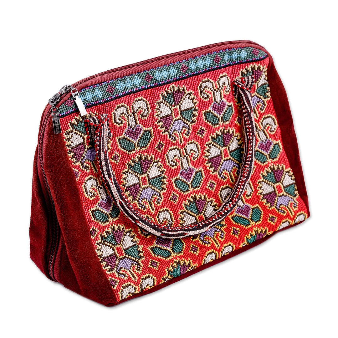 Floral Geometric Iroki Embroidered Red Cotton Handbag - Red Gardens of Shahrisabz