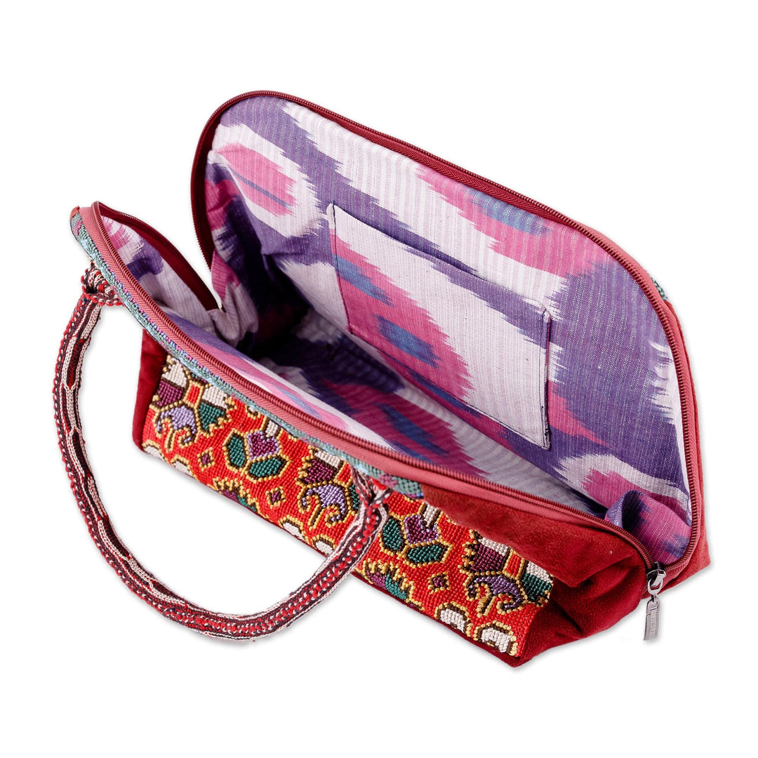 Floral Geometric Iroki Embroidered Red Cotton Handbag - Red Gardens of Shahrisabz
