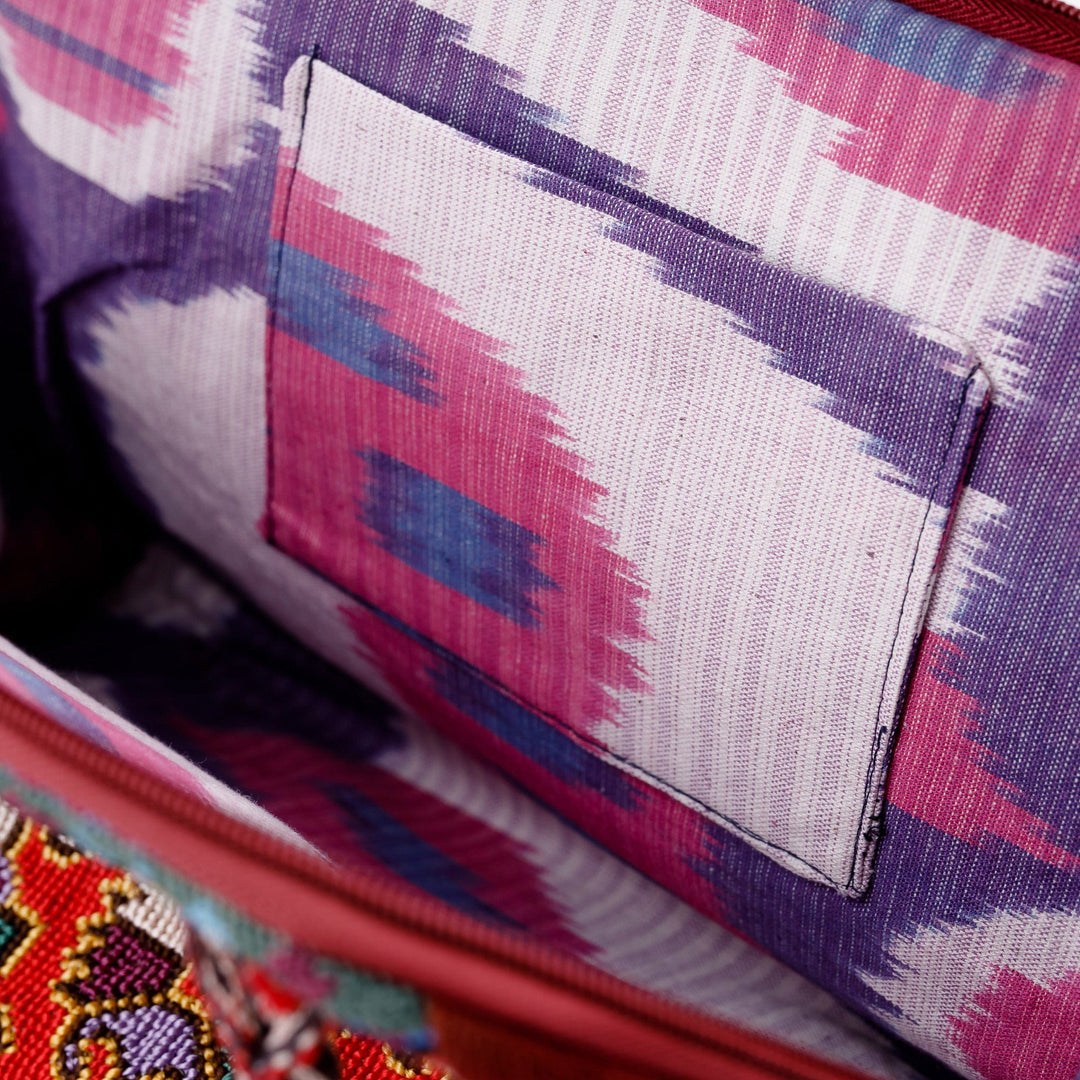 Floral Geometric Iroki Embroidered Red Cotton Handbag - Red Gardens of Shahrisabz