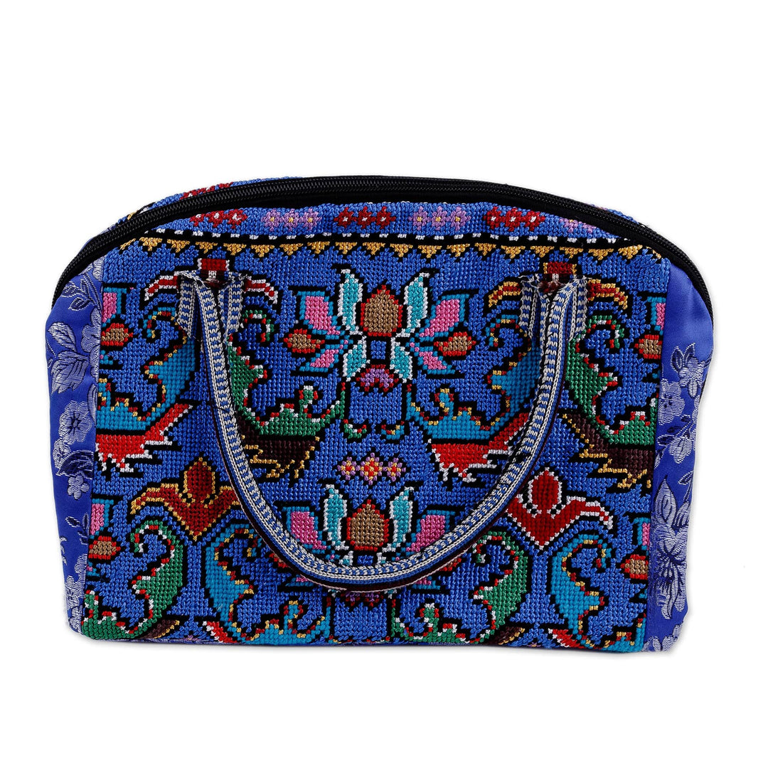 Traditional Floral Iroki Embroidered Blue Cotton Handbag - Blue Gardens of Shahrisabz