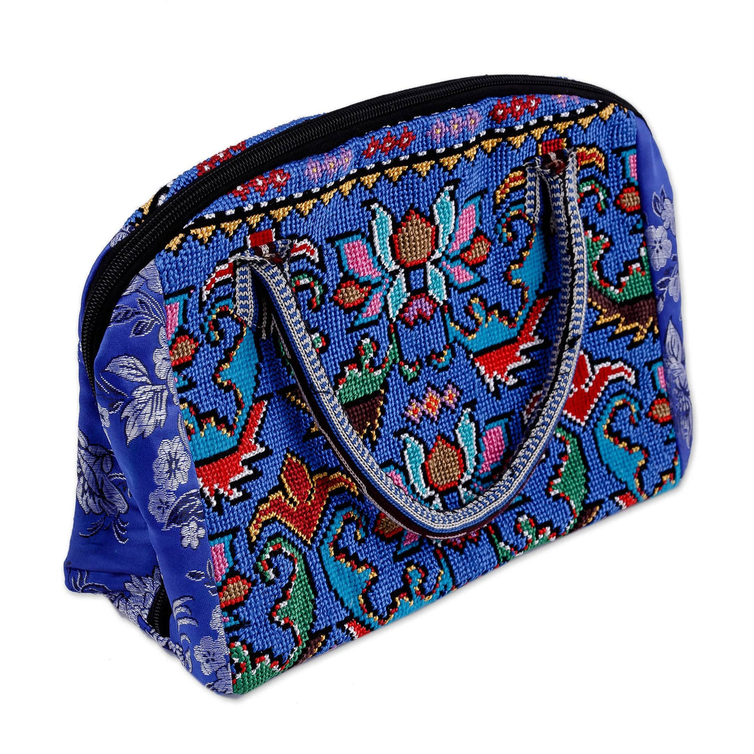 Traditional Floral Iroki Embroidered Blue Cotton Handbag - Blue Gardens of Shahrisabz