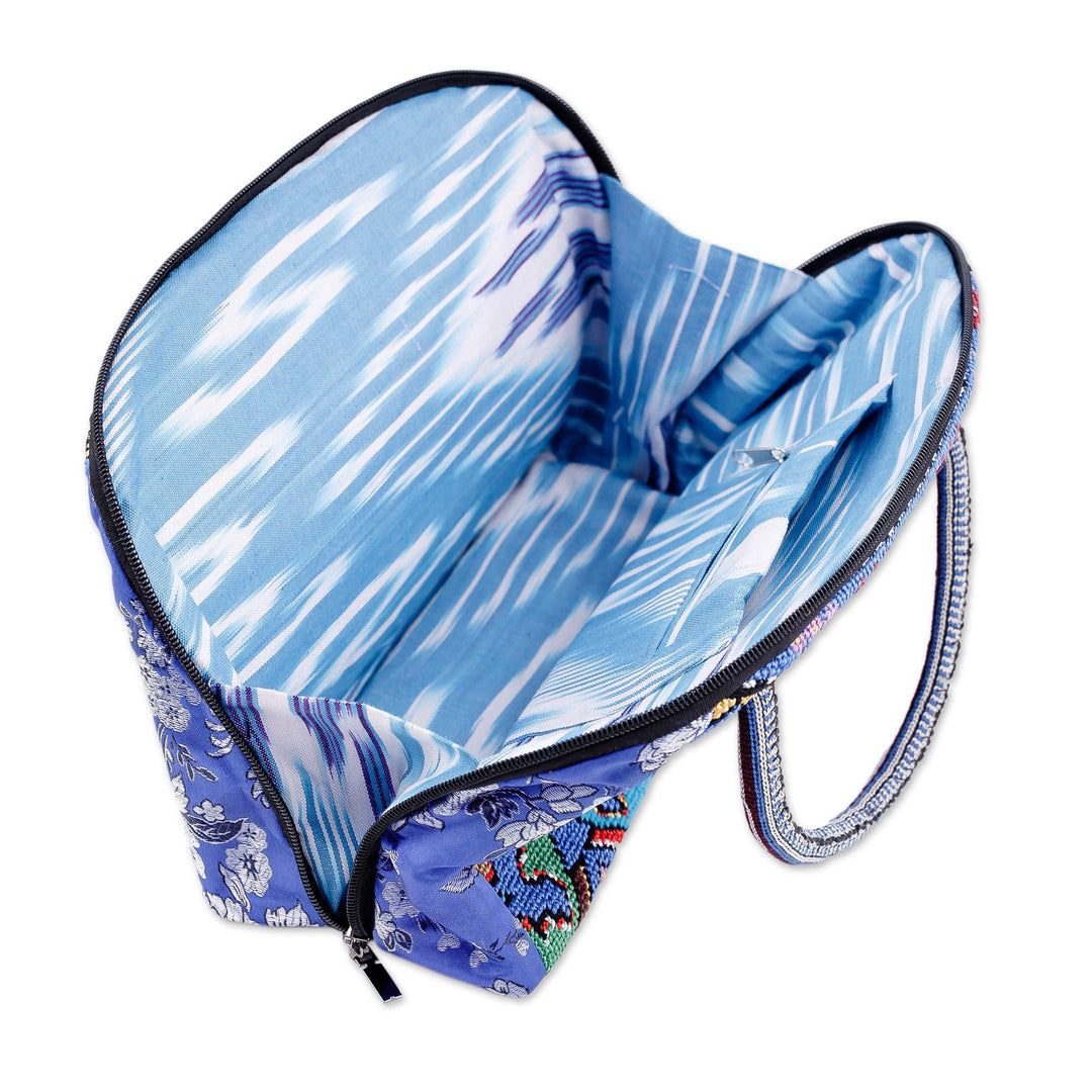 Traditional Floral Iroki Embroidered Blue Cotton Handbag - Blue Gardens of Shahrisabz