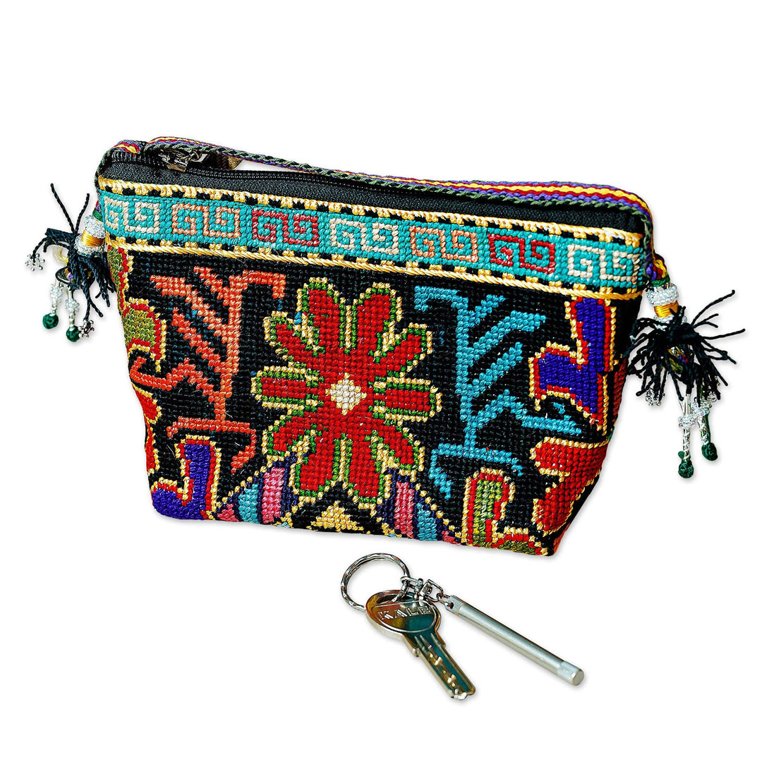 Iroki Embroidered Zippered Floral Silk Sling in Intense Hues - Oasis Flower
