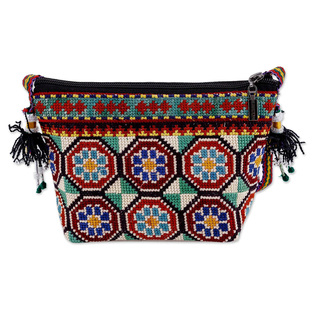 Iroki Embroidered Mosaic Silk Sling in Green and Blue Hues - Palace Flower