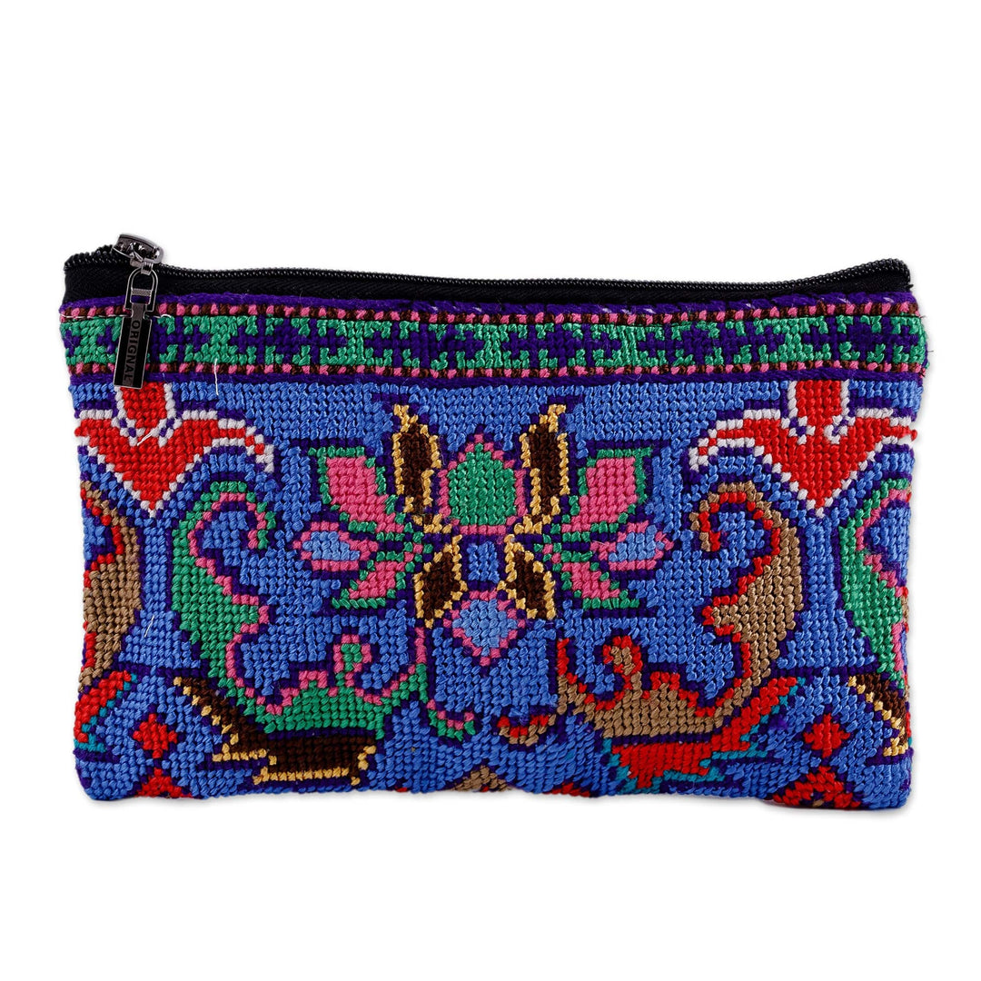 Classic Floral Iroki Embroidered Blue Silk Cosmetic Bag - Magic Bouquet