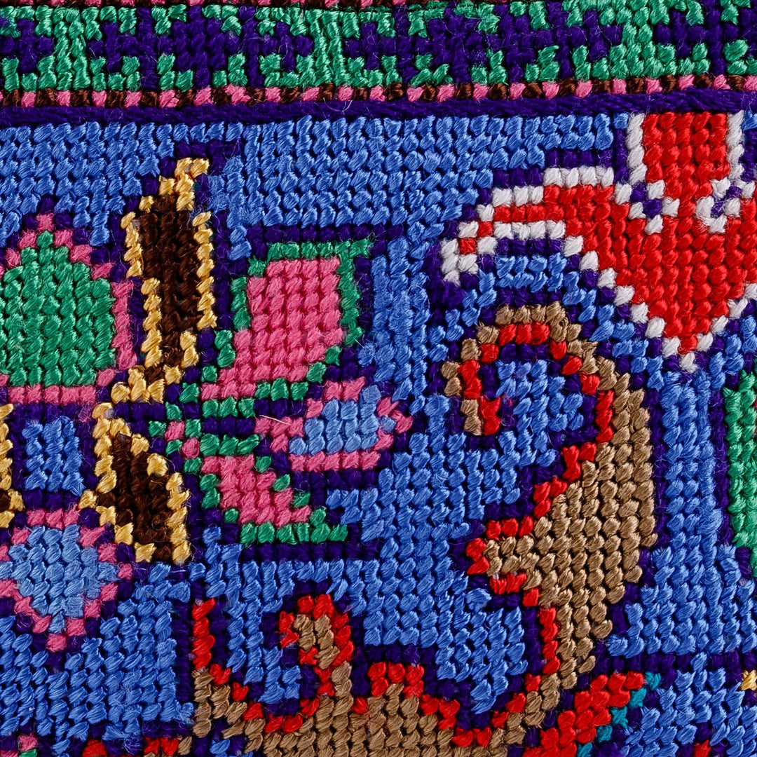 Classic Floral Iroki Embroidered Blue Silk Cosmetic Bag - Magic Bouquet