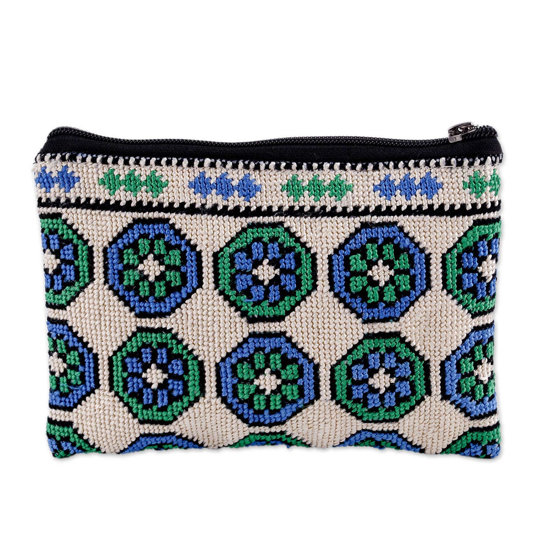 Iroki Embroidered Silk Cosmetic Bag in Green and Blue Hues - Spring Intuition