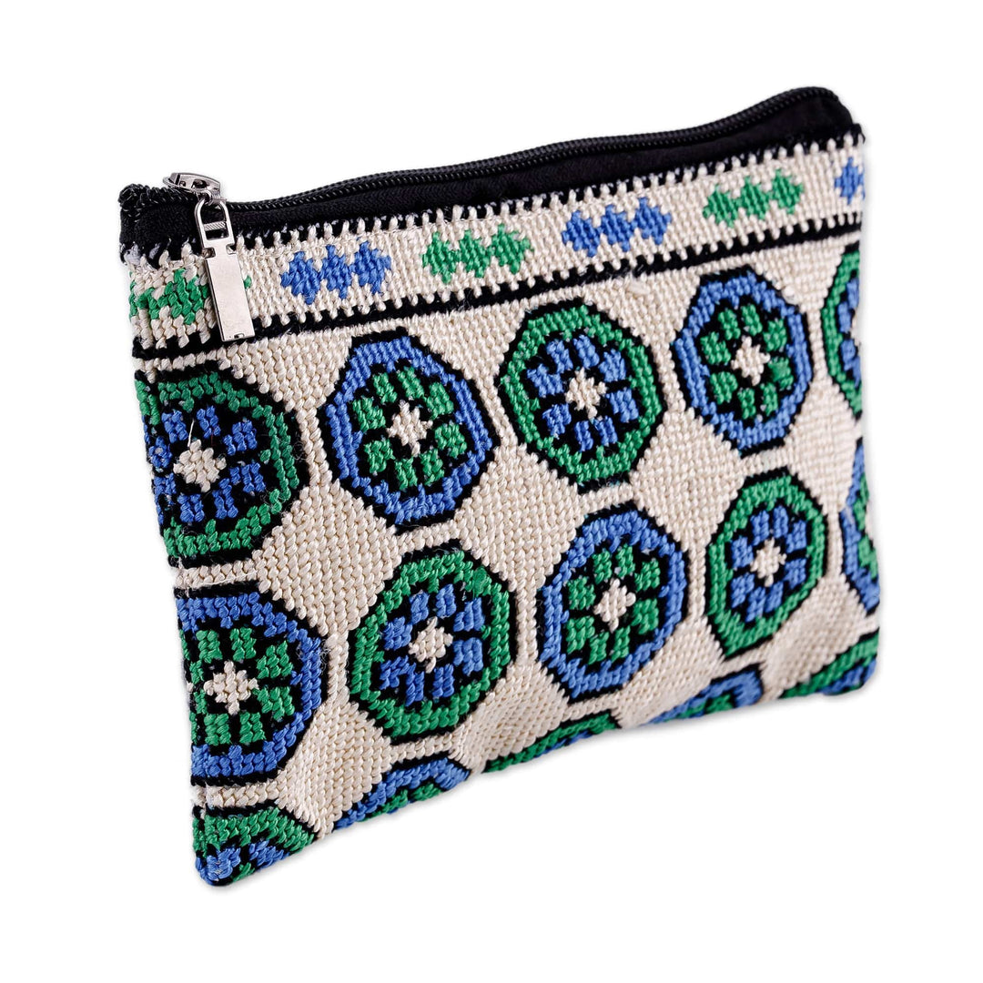 Iroki Embroidered Silk Cosmetic Bag in Green and Blue Hues - Spring Intuition