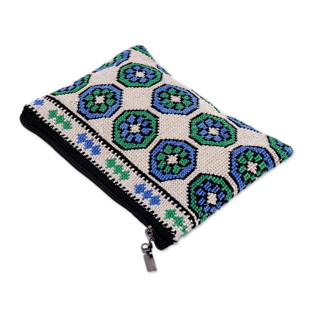 Iroki Embroidered Silk Cosmetic Bag in Green and Blue Hues - Spring Intuition
